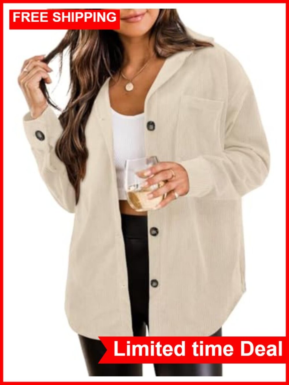 Womens Corduroy Button Down Shacket Long Sleeve Loose Fit Casual Jacket